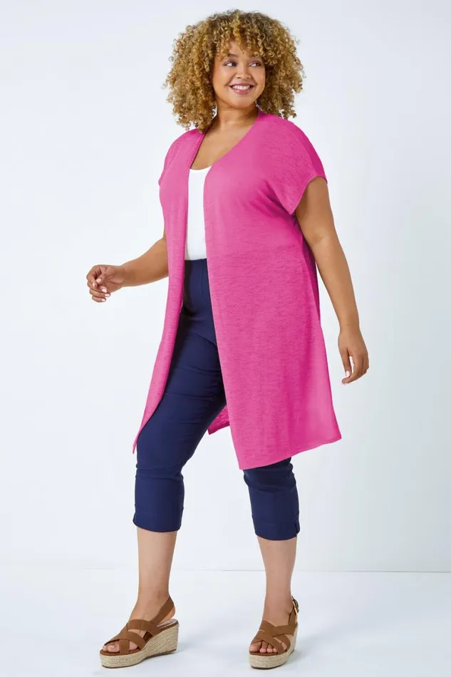 Women Fuchsia Curve Cap Sleeve Longline Cardigan Roman Tops