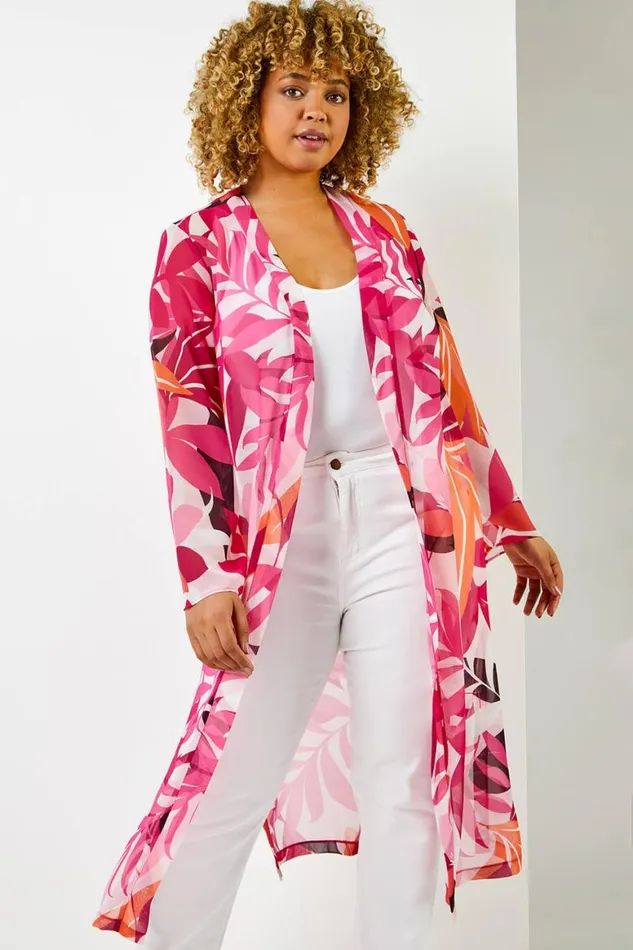 Women Fuchsia Curve Tropical Print Longline Kimono Roman Jackets
