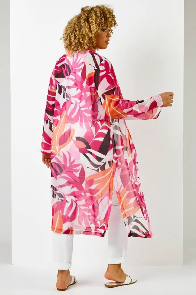 Women Fuchsia Curve Tropical Print Longline Kimono Roman Jackets