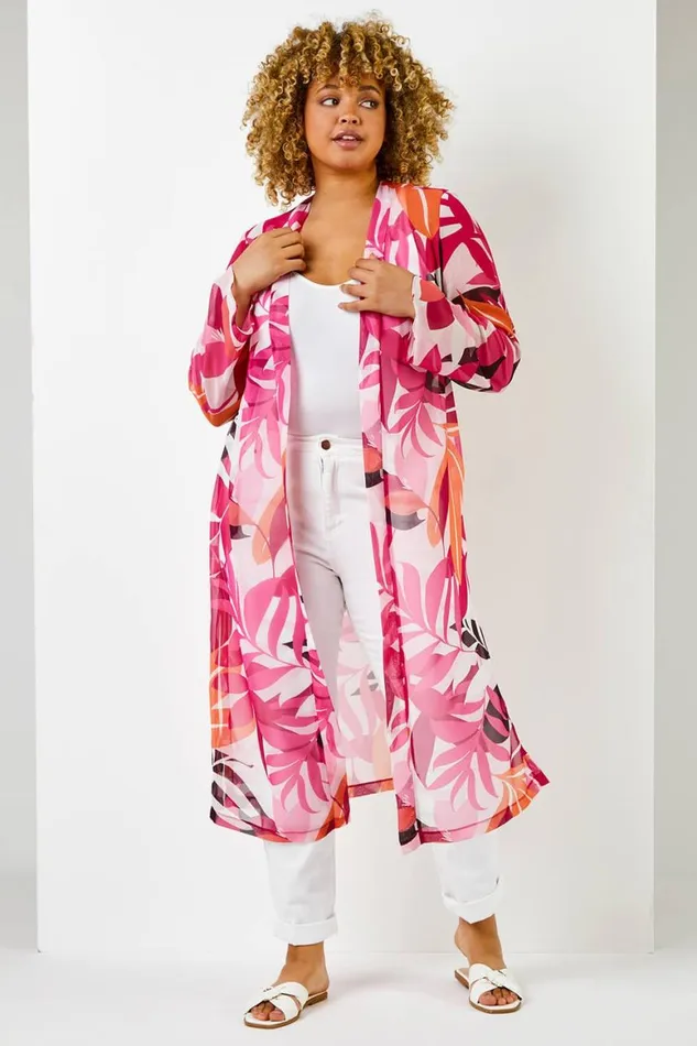Women Fuchsia Curve Tropical Print Longline Kimono Roman Jackets