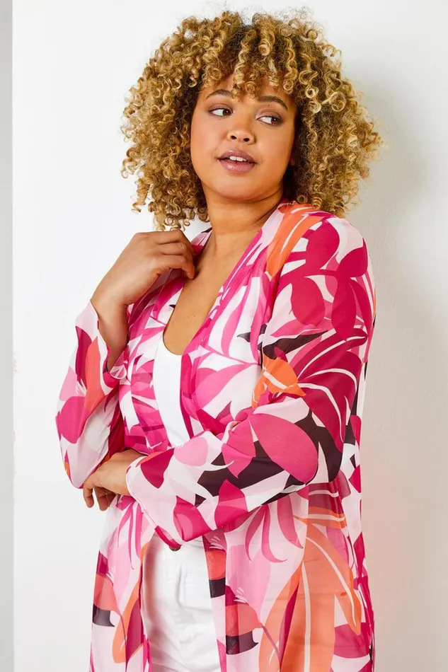 Women Fuchsia Curve Tropical Print Longline Kimono Roman Jackets
