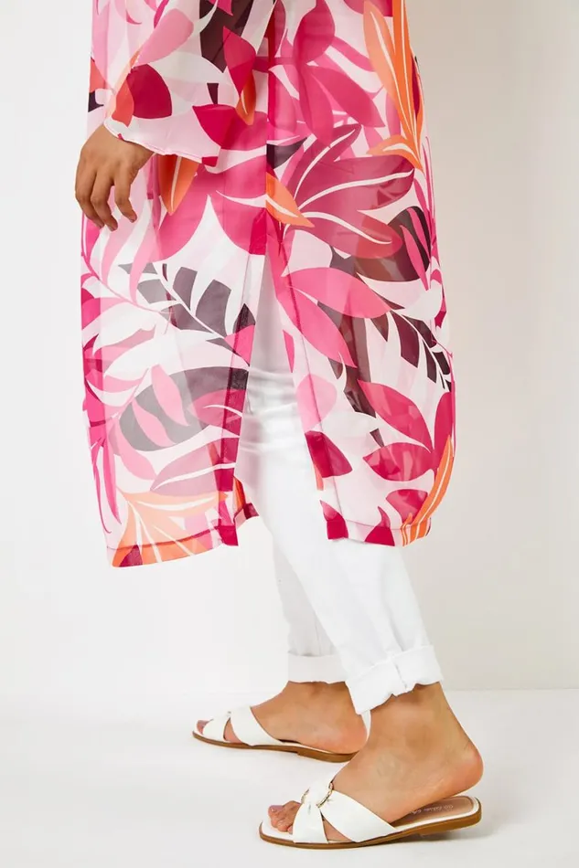 Women Fuchsia Curve Tropical Print Longline Kimono Roman Jackets