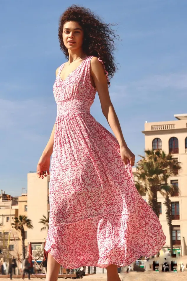 Women Fuchsia Ditsy Floral Shirred Waist Maxi Dress Roman Dresses