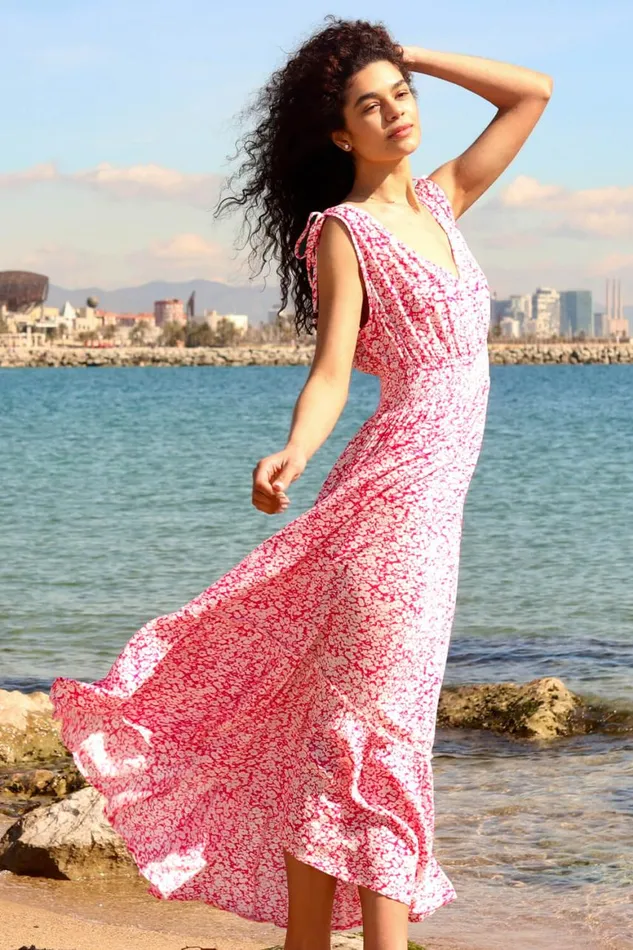 Women Fuchsia Ditsy Floral Shirred Waist Maxi Dress Roman Dresses