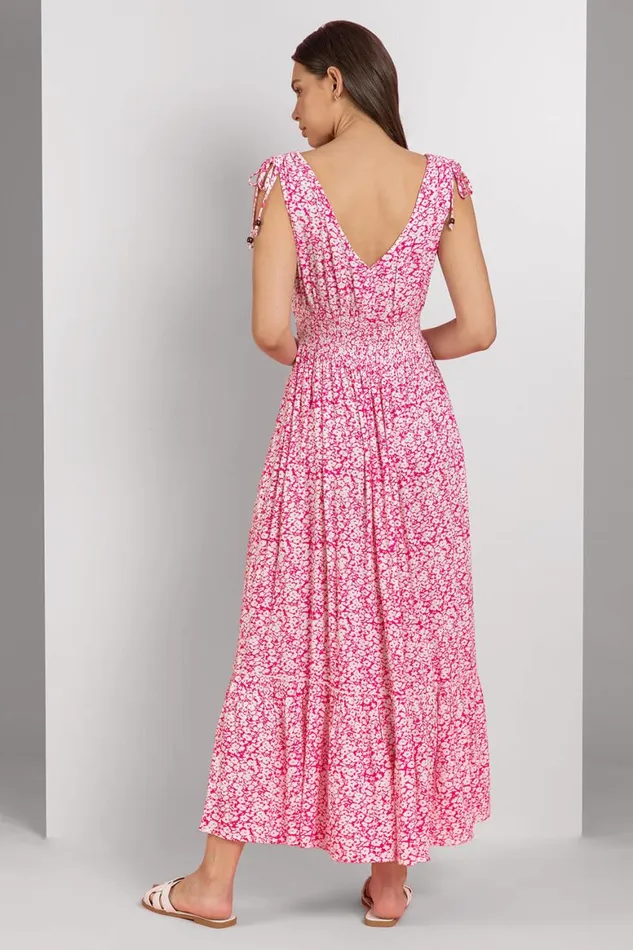 Women Fuchsia Ditsy Floral Shirred Waist Maxi Dress Roman Dresses