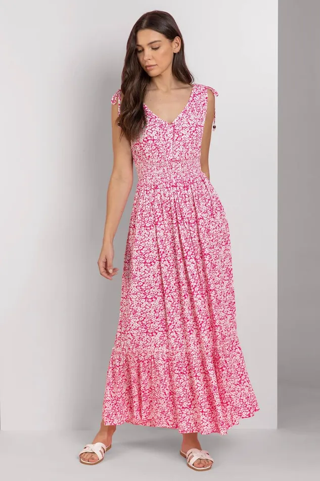 Women Fuchsia Ditsy Floral Shirred Waist Maxi Dress Roman Dresses