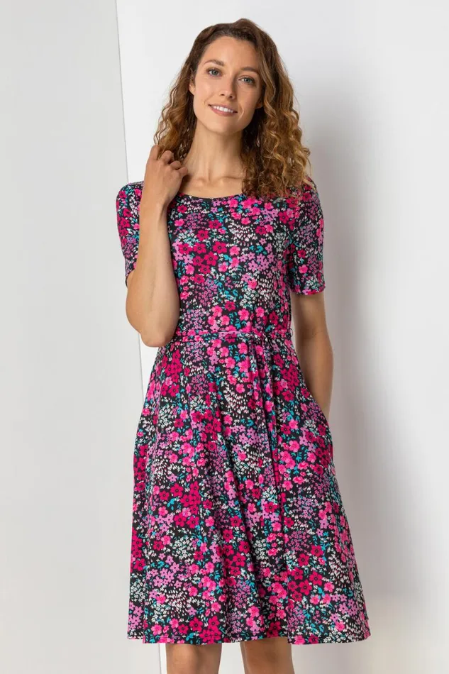 Women Fuchsia Floral Print Belted Skater Dress Roman Dresses