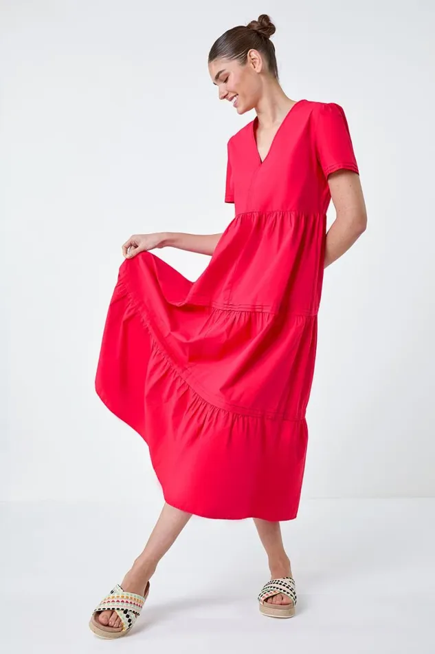 Women Fuchsia Plain Cotton Tiered Maxi Dress Roman Dresses