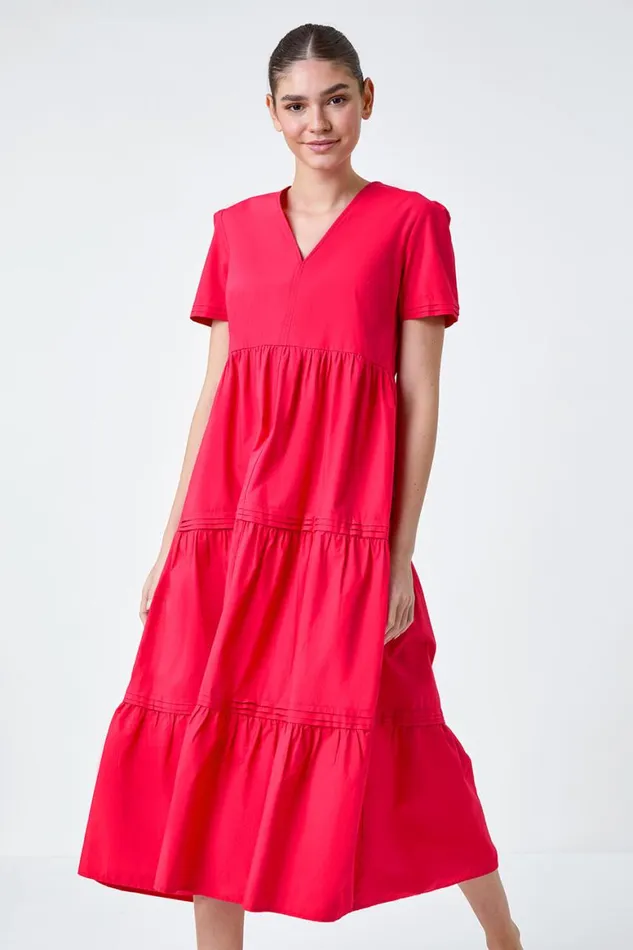 Women Fuchsia Plain Cotton Tiered Maxi Dress Roman Dresses