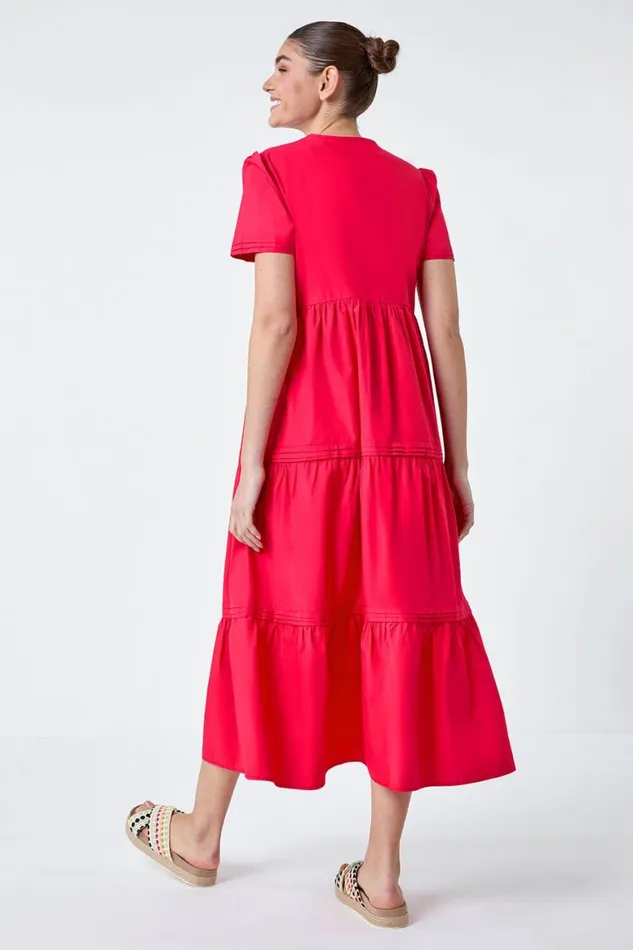 Women Fuchsia Plain Cotton Tiered Maxi Dress Roman Dresses