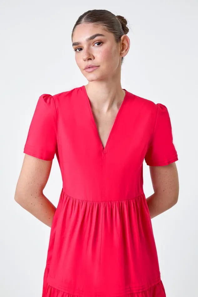 Women Fuchsia Plain Cotton Tiered Maxi Dress Roman Dresses