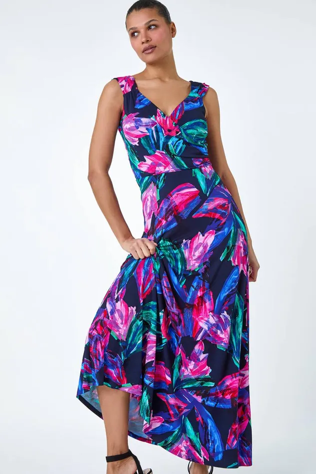 Women Fuchsia Tropical Floral Print Wrap Maxi Dress Roman Dresses