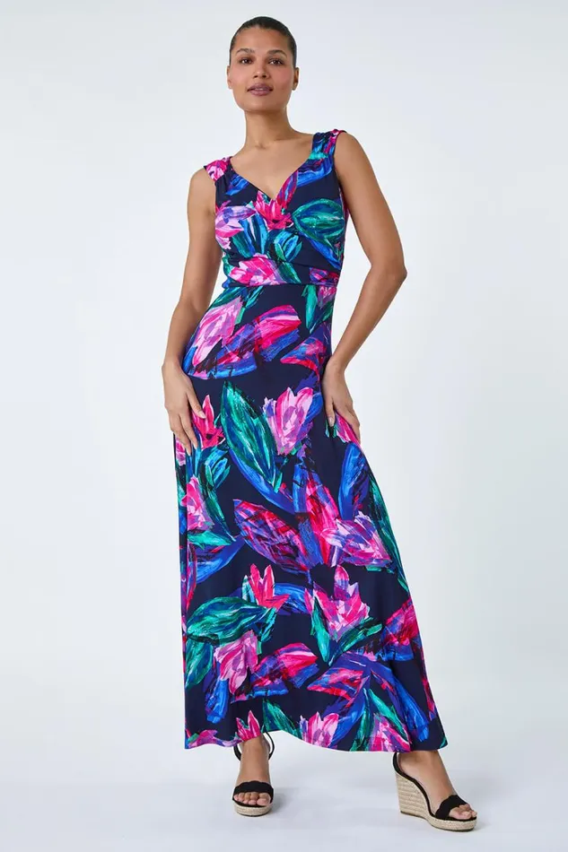 Women Fuchsia Tropical Floral Print Wrap Maxi Dress Roman Dresses