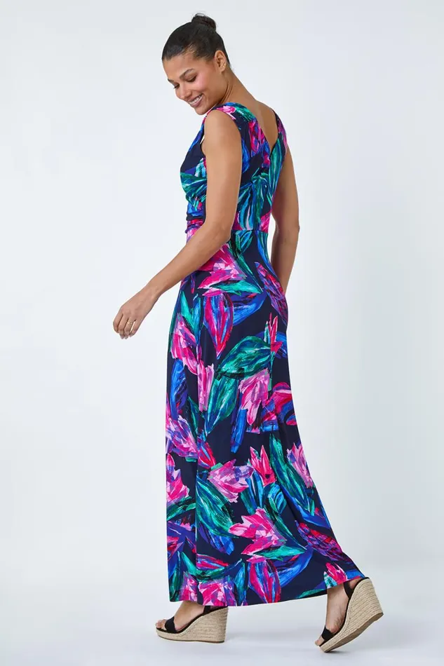 Women Fuchsia Tropical Floral Print Wrap Maxi Dress Roman Dresses