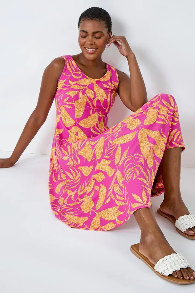 Women Fuchsia Tropical Print Pleated Maxi Stretch Dress Roman Dresses