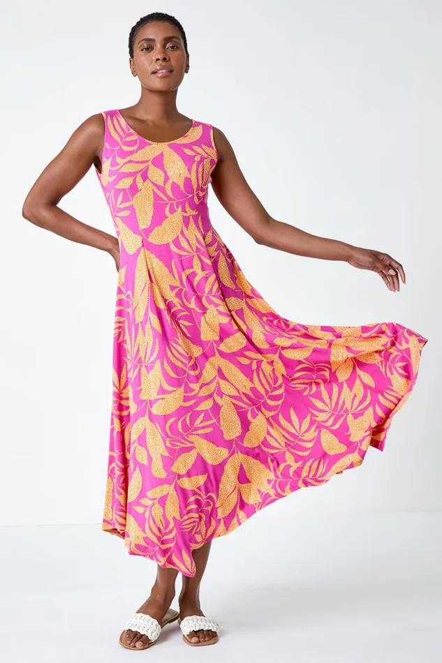 Women Fuchsia Tropical Print Pleated Maxi Stretch Dress Roman Dresses
