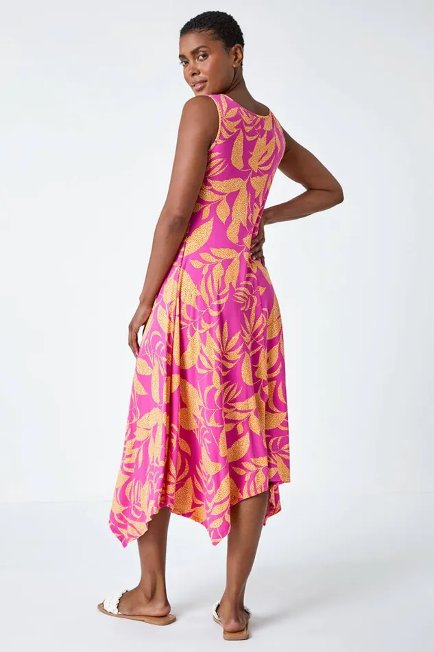Women Fuchsia Tropical Print Pleated Maxi Stretch Dress Roman Dresses
