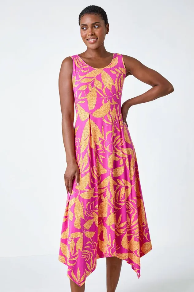 Women Fuchsia Tropical Print Pleated Maxi Stretch Dress Roman Dresses