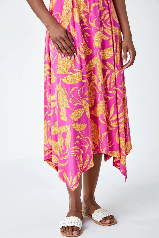 Women Fuchsia Tropical Print Pleated Maxi Stretch Dress Roman Dresses