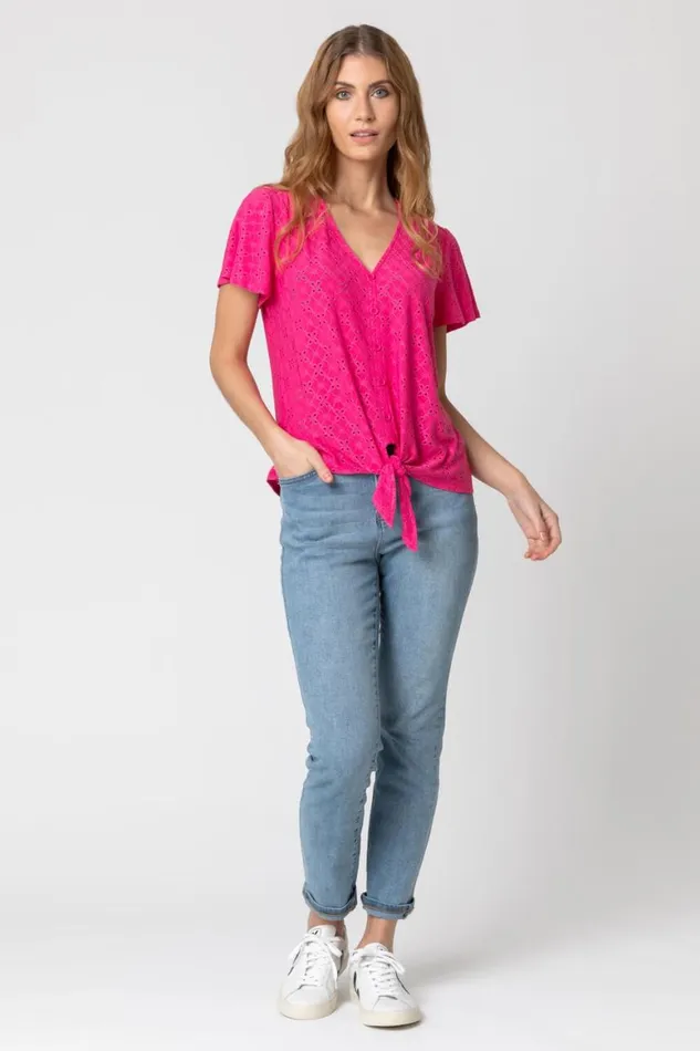 Women Fuchsia VNeck Broderie Stretch Jersey Tie Front Top Roman Tops
