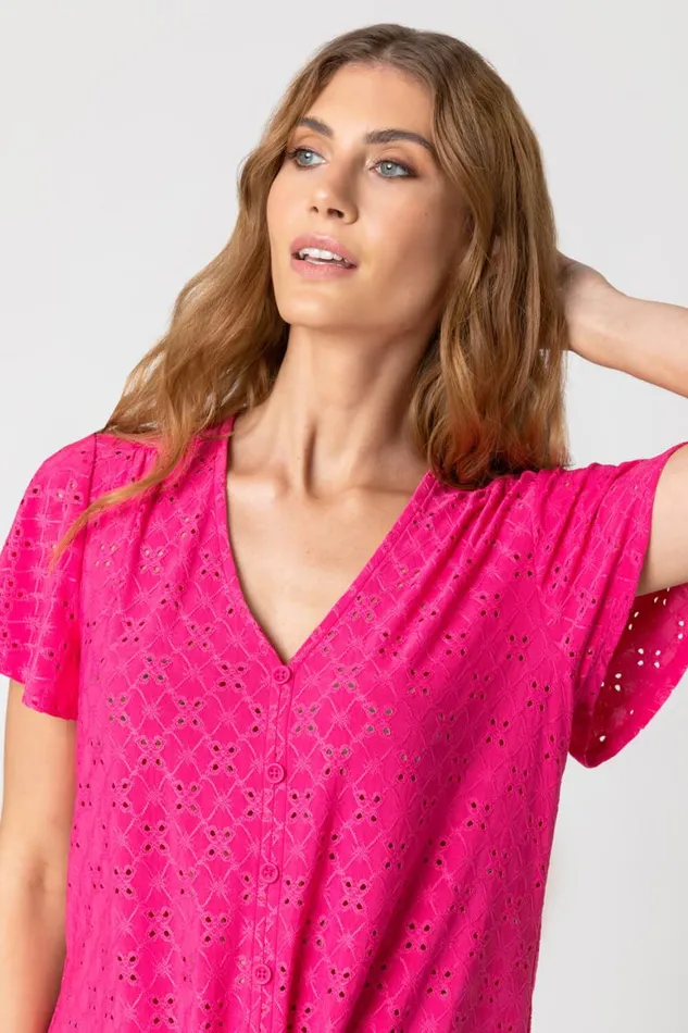 Women Fuchsia VNeck Broderie Stretch Jersey Tie Front Top Roman Tops