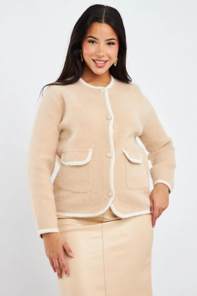 Women Gilet Beige Perles Beige Brentiny Paris Cardigans