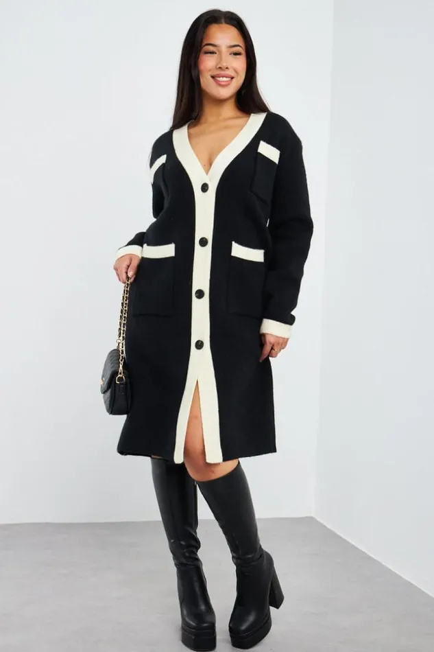 Women Gilet Long Bicolore Noircru Black Brentiny Paris Cardigans