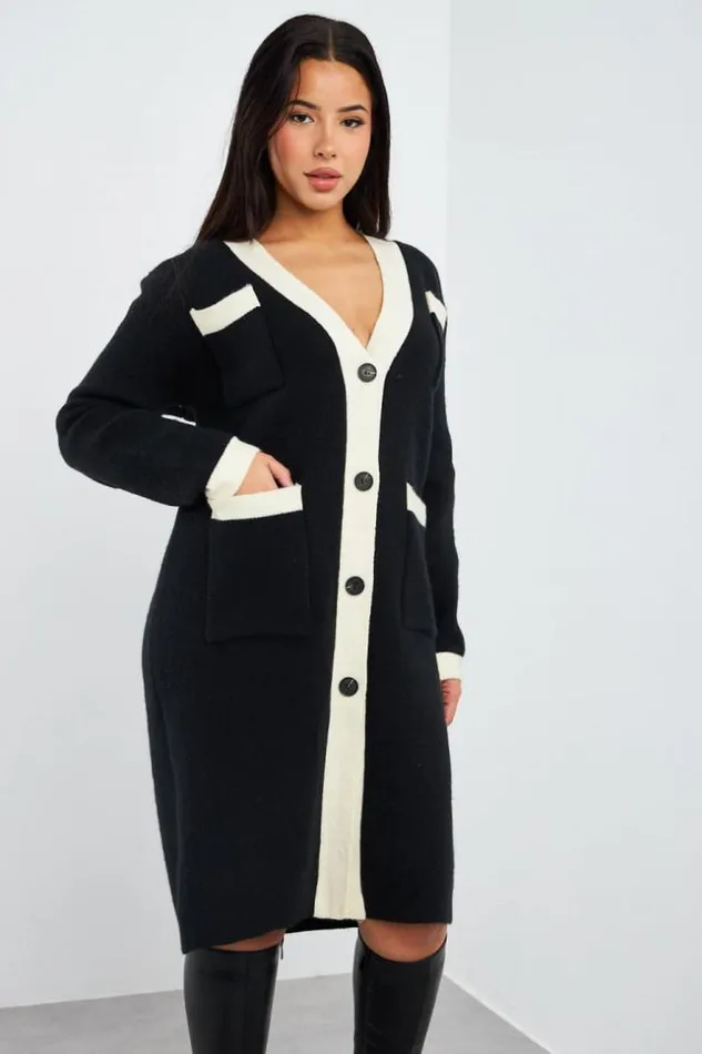 Women Gilet Long Bicolore Noircru Black Brentiny Paris Cardigans