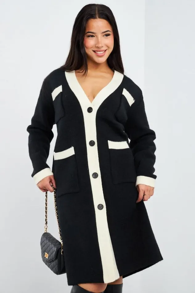 Women Gilet Long Bicolore Noircru Black Brentiny Paris Cardigans