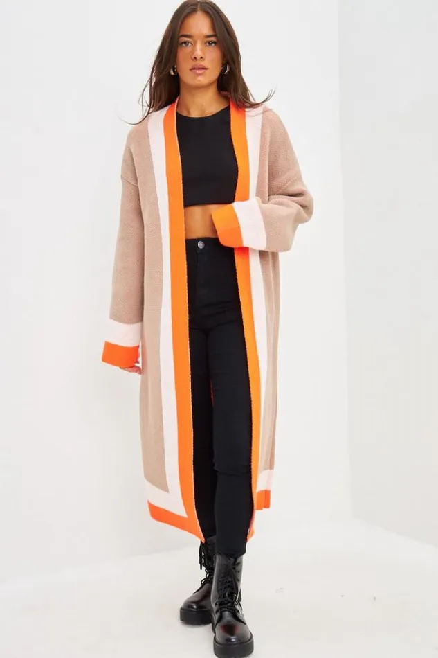 Women Gilet Long En Mailles Beige Bande Orange Beige Brentiny Paris Cardigans