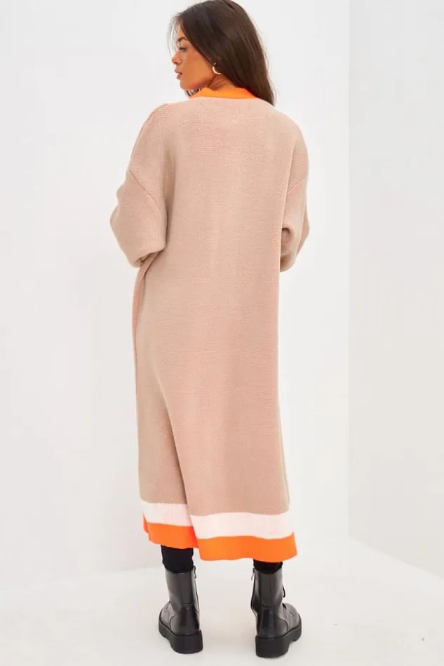 Women Gilet Long En Mailles Beige Bande Orange Beige Brentiny Paris Cardigans Women Gilet Long En Mailles Beige Bande Orange Beige Brentiny Paris Cardigans