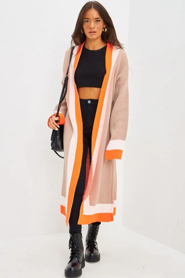 Women Gilet Long En Mailles Beige Bande Orange Beige Brentiny Paris Cardigans Women Gilet Long En Mailles Beige Bande Orange Beige Brentiny Paris Cardigans