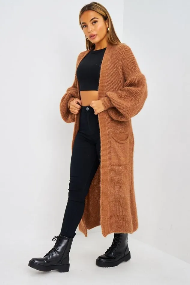 Women Gilet Long Paillet Camel En Mailles Camel Brentiny Paris Cardigans