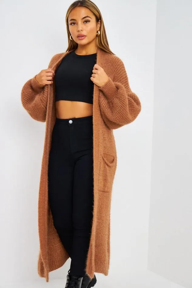 Women Gilet Long Paillet Camel En Mailles Camel Brentiny Paris Cardigans