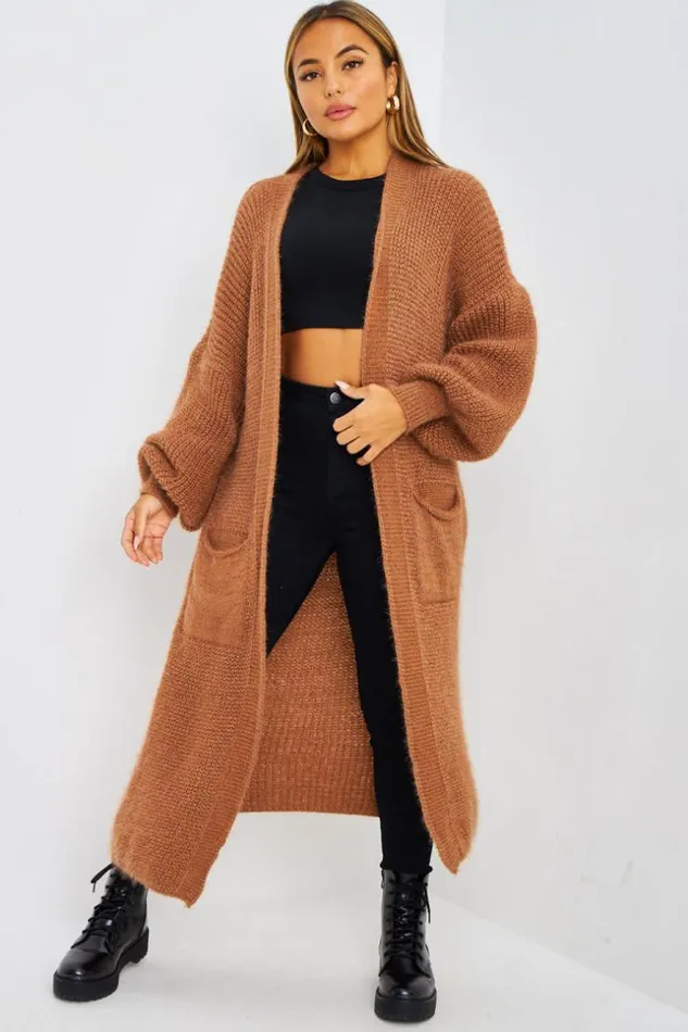 Women Gilet Long Paillet Camel En Mailles Camel Brentiny Paris Cardigans