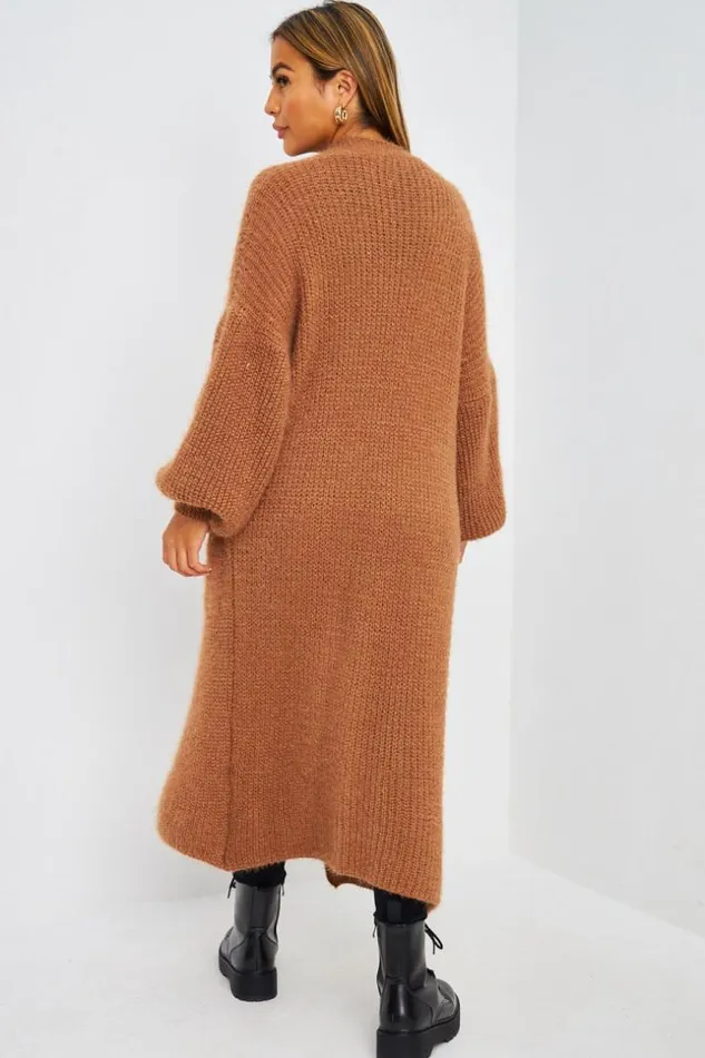 Women Gilet Long Paillet Camel En Mailles Camel Brentiny Paris Cardigans