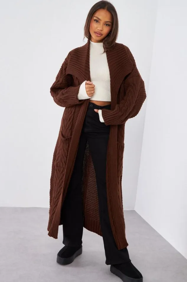Women Gilet Marron En Maille Long Col Brown Brentiny Paris Cardigans