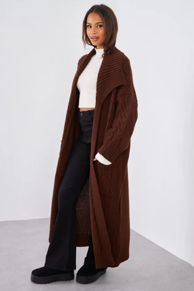 Women Gilet Marron En Maille Long Col Brown Brentiny Paris Cardigans