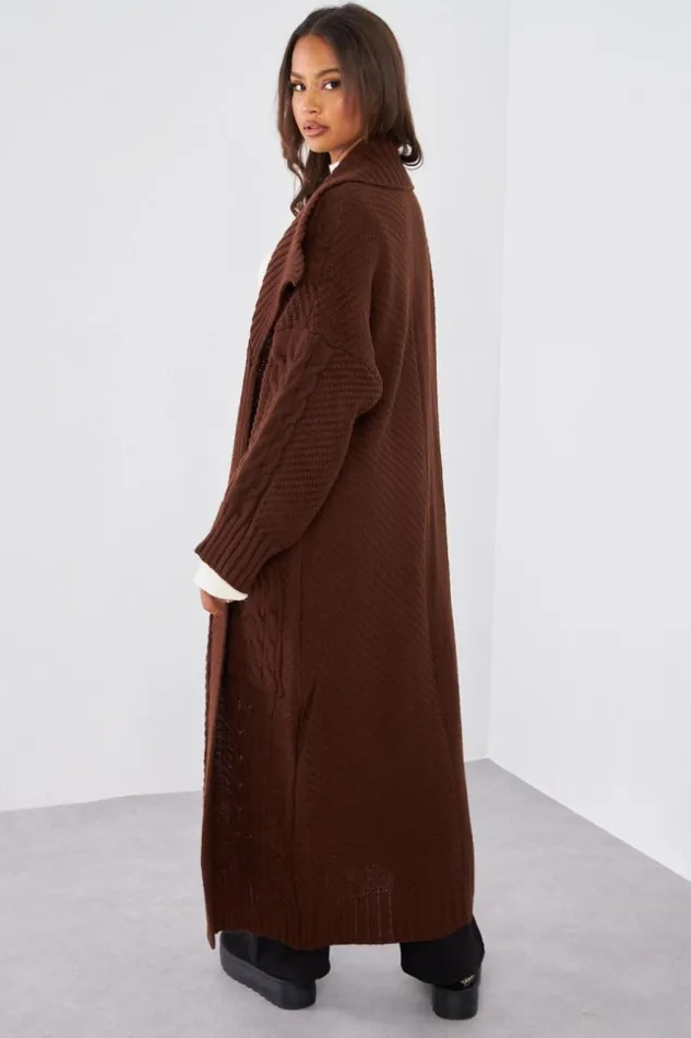 Women Gilet Marron En Maille Long Col Brown Brentiny Paris Cardigans