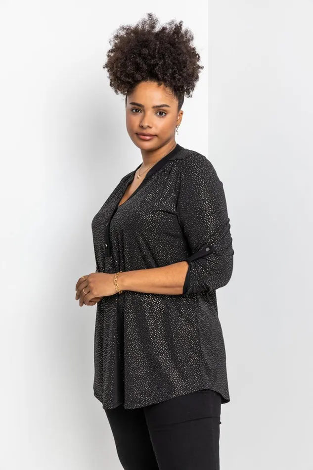 Women Gold Curve Glitter Button Tunic Top Roman Tops