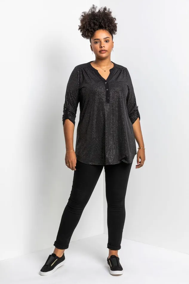 Women Gold Curve Glitter Button Tunic Top Roman Tops