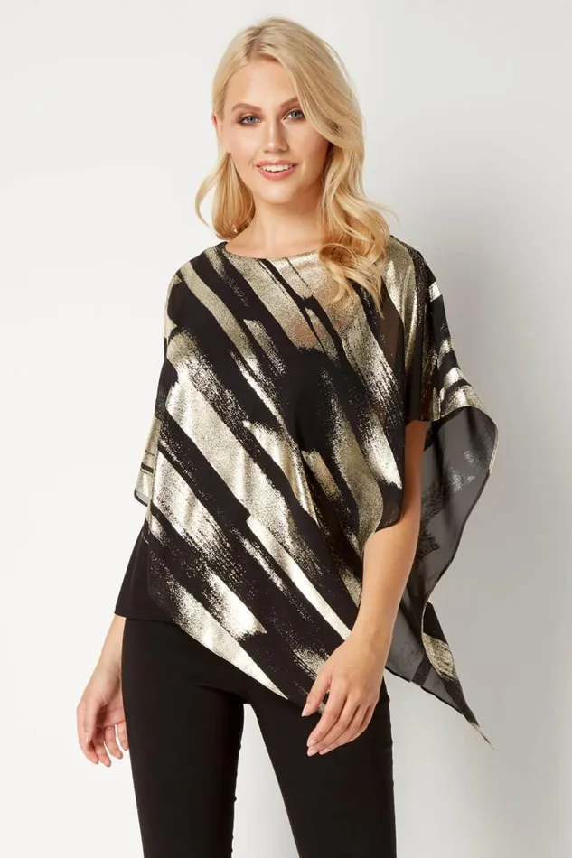 Women Gold Metallic Foil Stripe Overlay Top Roman Tops