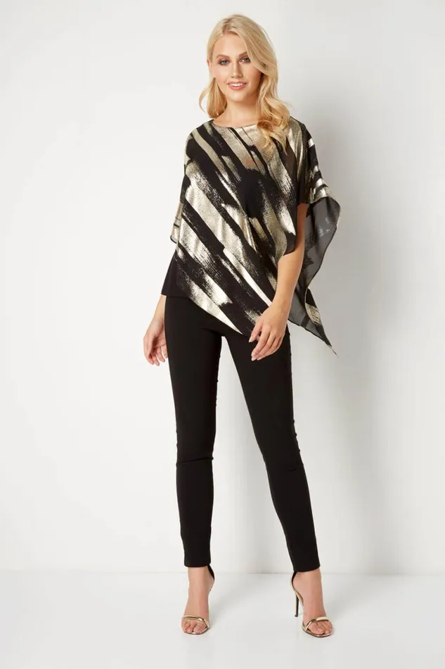 Women Gold Metallic Foil Stripe Overlay Top Roman Tops