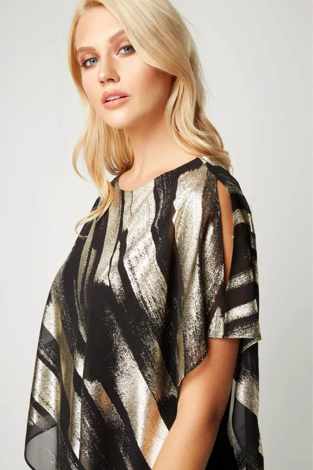 Women Gold Metallic Foil Stripe Overlay Top Roman Tops