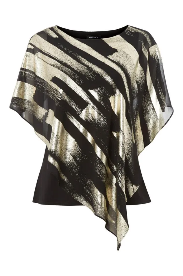 Women Gold Metallic Foil Stripe Overlay Top Roman Tops