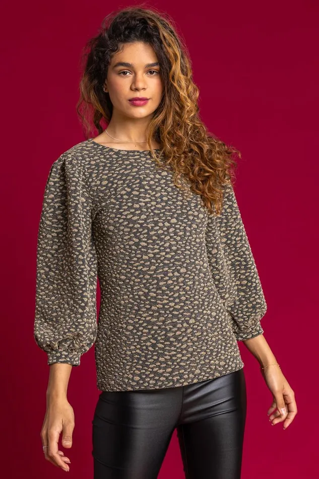 Women Gold Shimmer Animal Jacquard Print Top Roman Tops