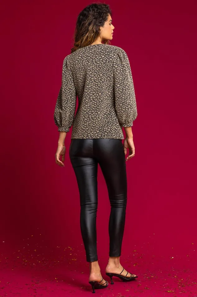 Women Gold Shimmer Animal Jacquard Print Top Roman Tops
