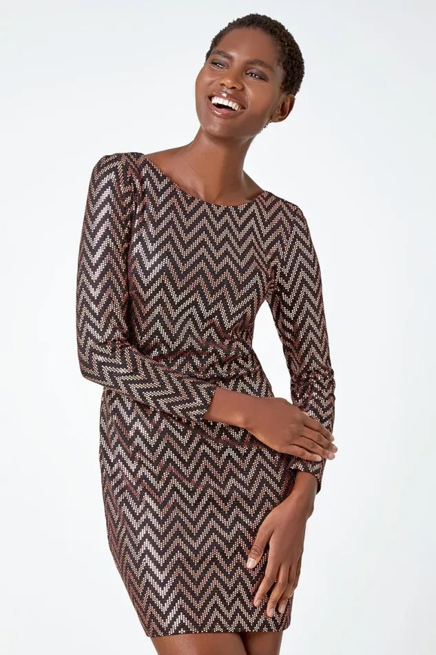 Women Gold Zig Zag Sequin Stretch Dress Roman Dresses