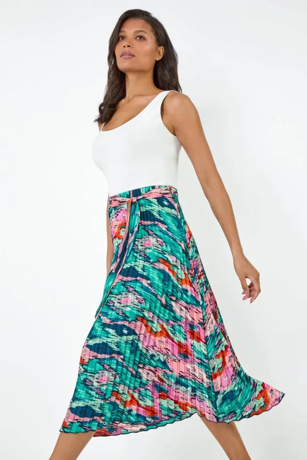 Women Green Abstract Belt Detail Pleated Midi Skirt Roman Skirts