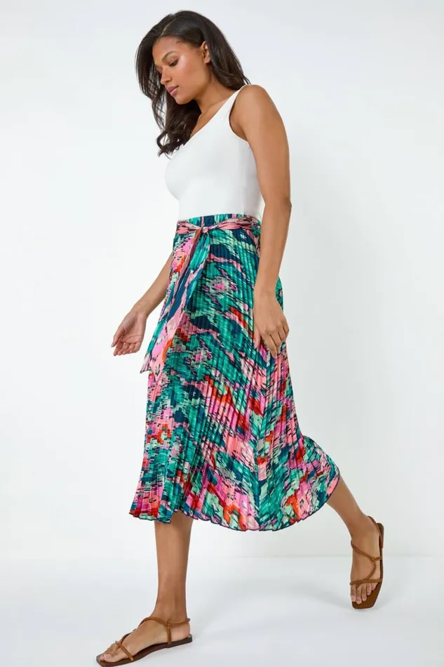 Women Green Abstract Belt Detail Pleated Midi Skirt Roman Skirts